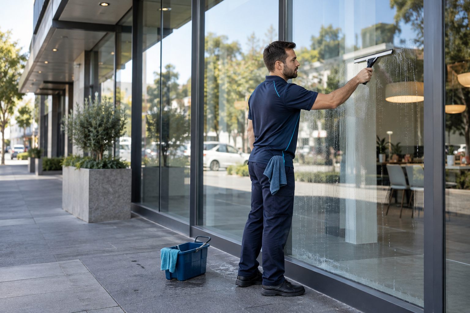 Illustrative view of a professional cleaning large shopfront windows
