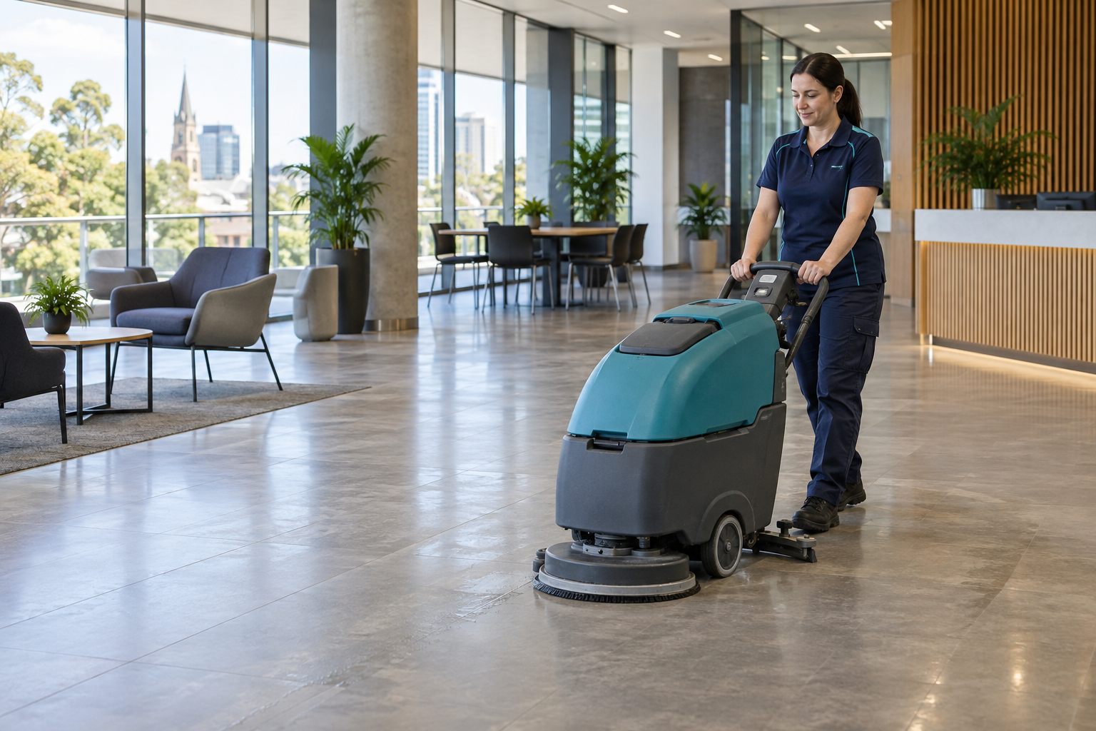 Illustrative view of machine floor cleaning in commercial premises